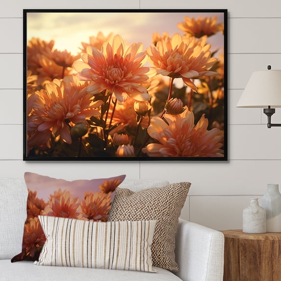 Designart "Morning Blossoms: Chrysanthemum Field At Sunrise" Chrysanthemums Floater Framed Wall Art Prints