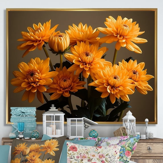 Designart "Morning Blossoms: Chrysanthemum Field At Sunrise I" Chrysanthemums Floater Framed Wall Art Living Room