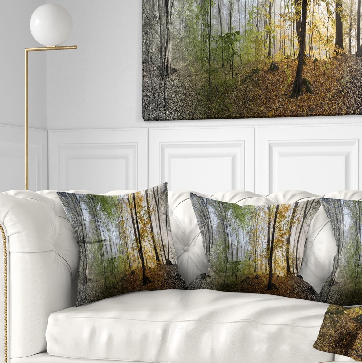 Designart Morning Forest Panoramic View - Landscape Photography Throw Pillow - 16x16