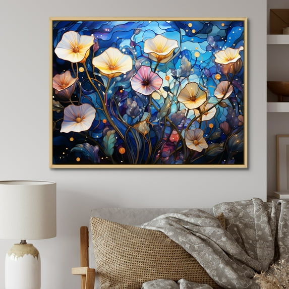 Designart "Morning Glory Beige and Blue" Floral Floater Framed Wall Art Living Room