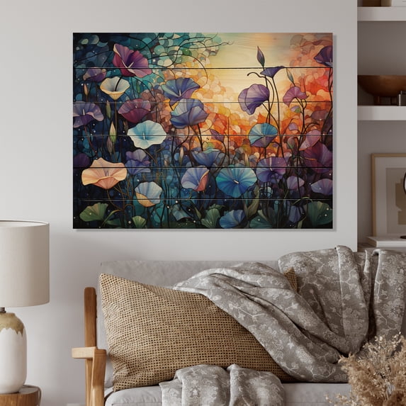 Designart "Morning Glory Colorful Morning Serenade I" Floral Print on Natural Pine Wood