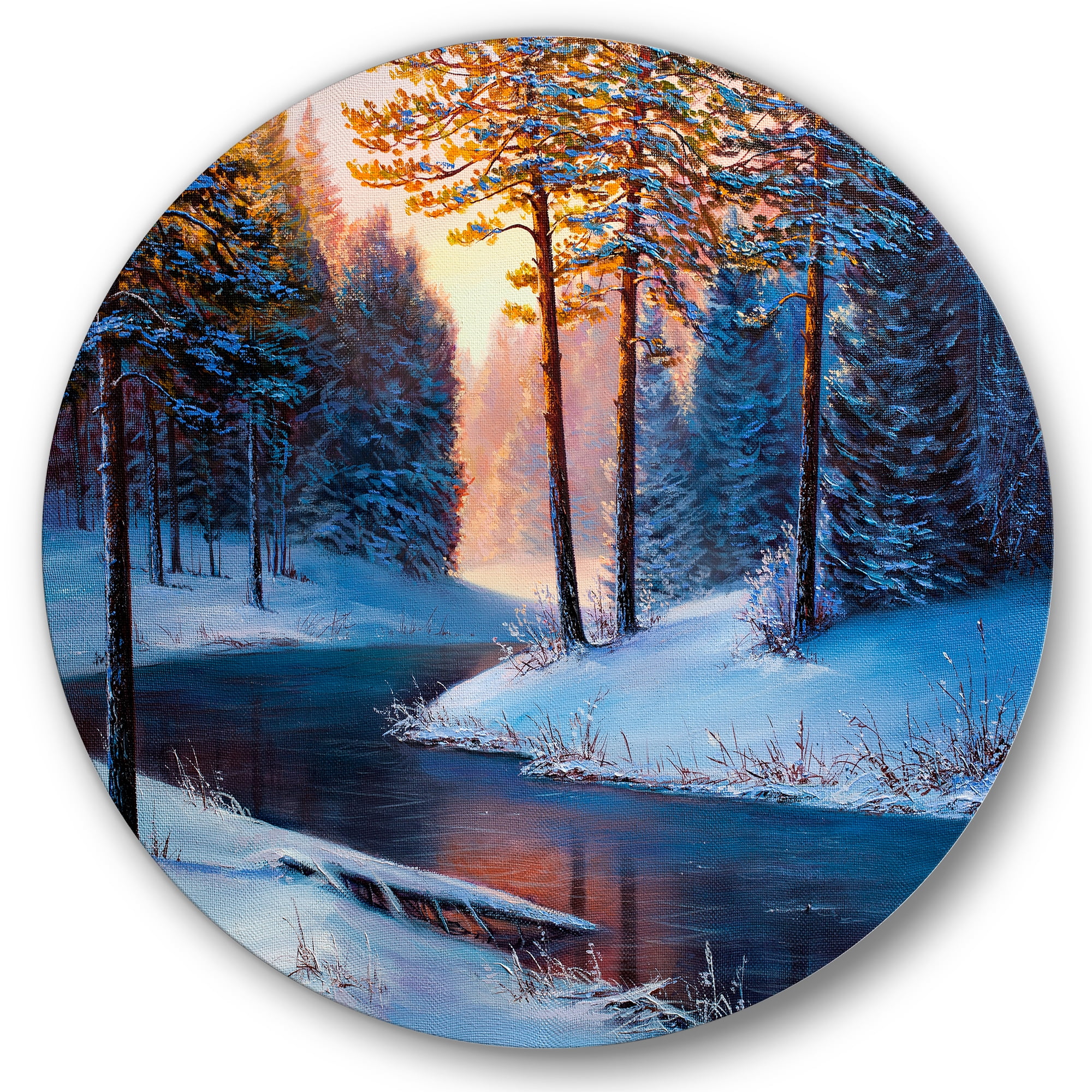 Designart 'Morning Glow Through The Christmas Forest By The River' Lake House Circle Metal Wall Art 29x29 - Disc of 29
