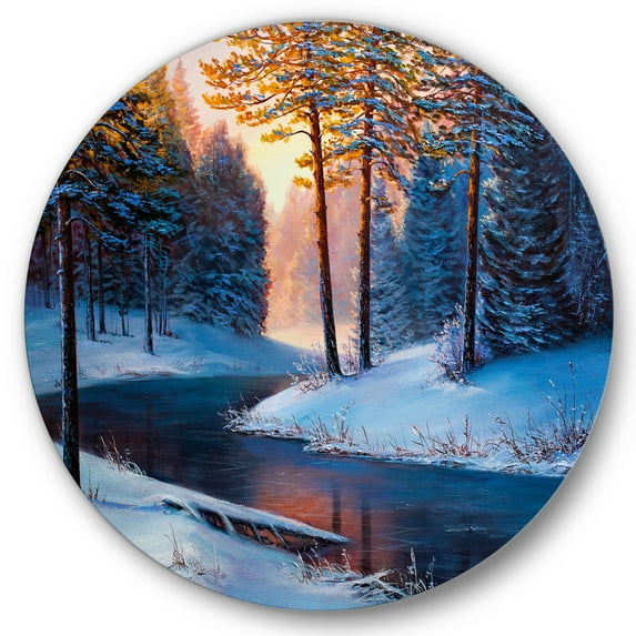 Designart 'Morning Glow Through The Christmas Forest By The River' Lake House Circle Metal Wall Art 36x36 - Disc of 36