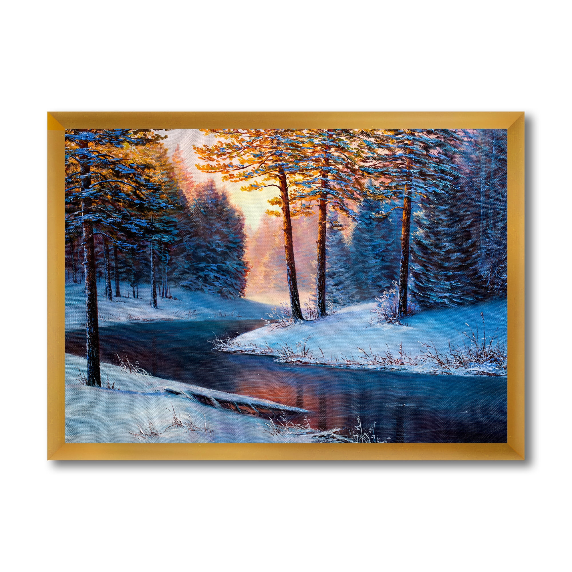 Designart 'Morning Glow Through The Christmas Forest By The River' Lake House Framed Art Print