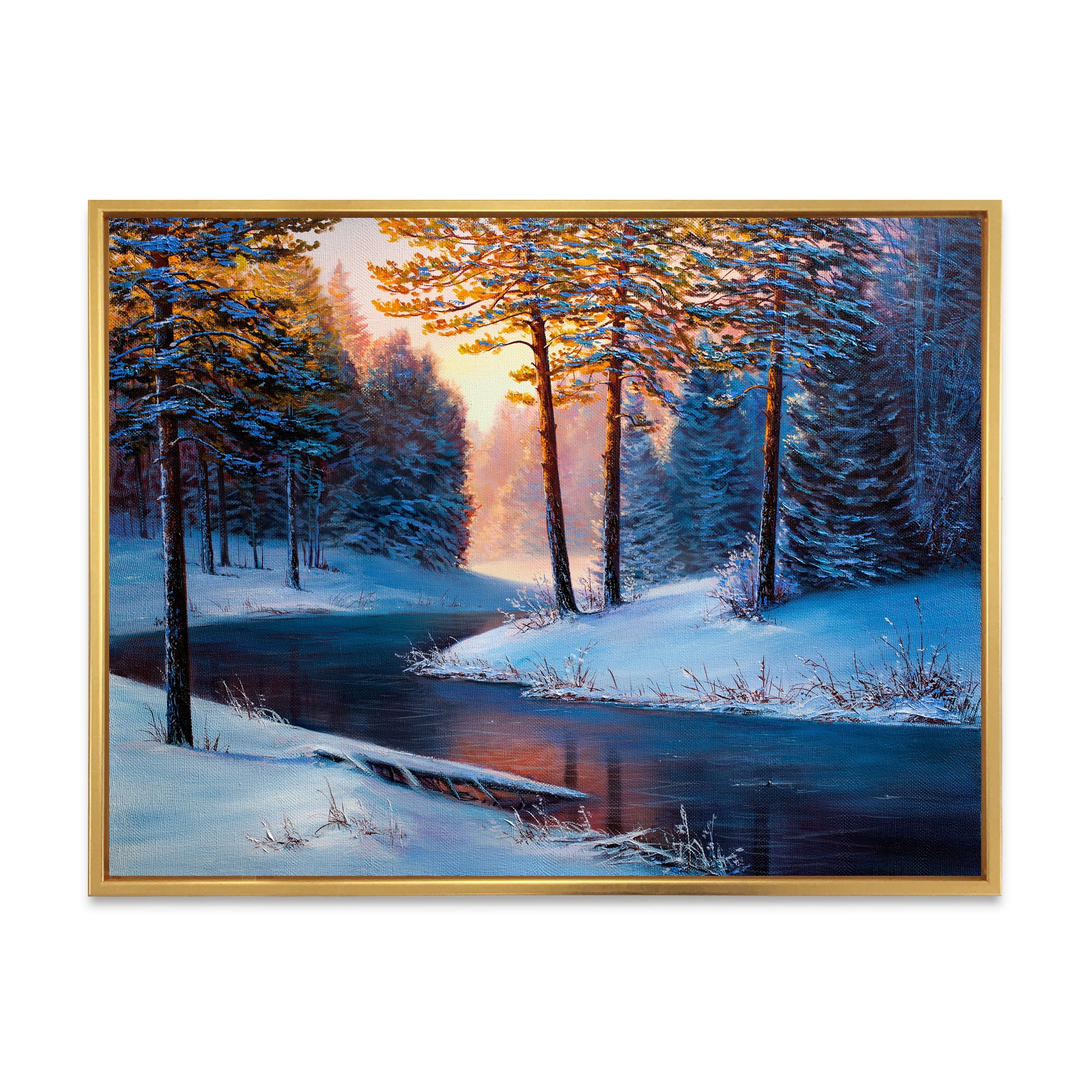 Designart 'Morning Glow Through The Christmas Forest By The River' Lake House Framed Canvas Wall Art Print