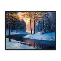 Designart 'Morning Glow Through The Christmas Forest By The River' Lake House Framed Canvas Wall Art Print