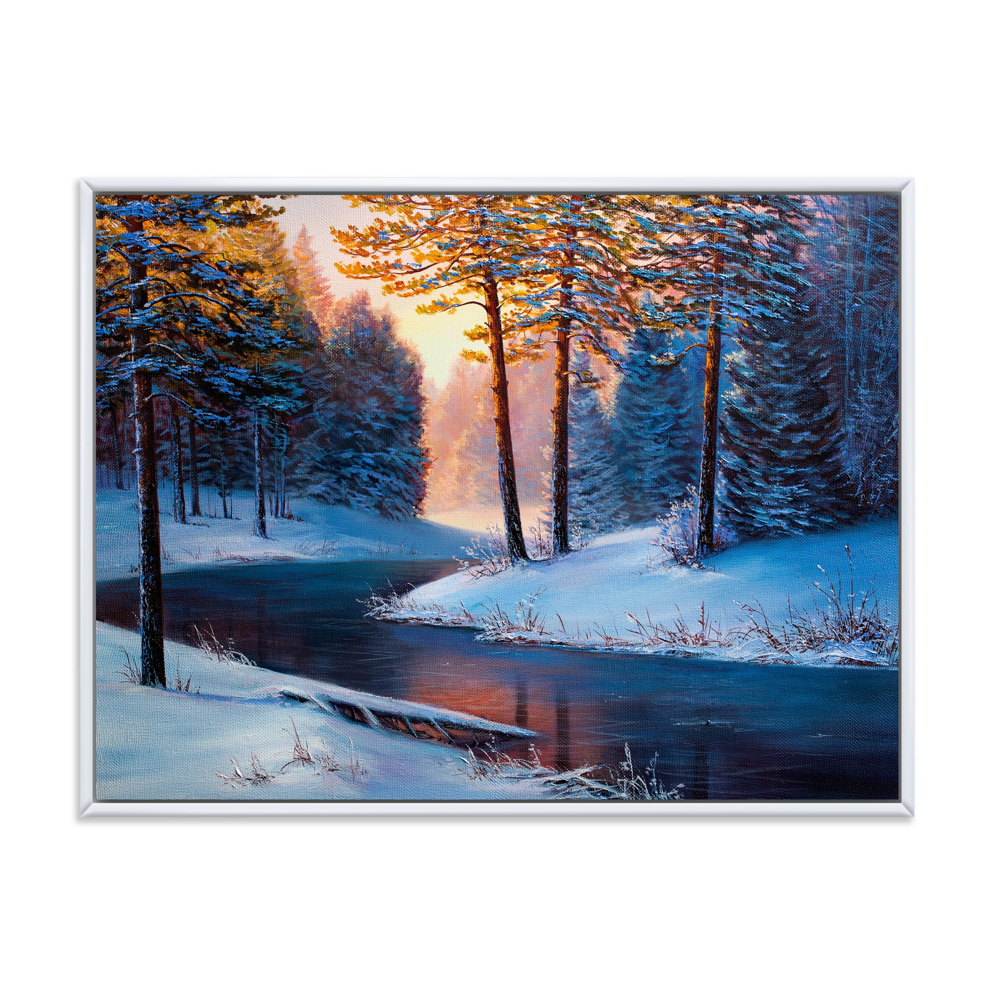 Designart 'Morning Glow Through The Christmas Forest By The River' Lake House Framed Canvas Wall Art Print