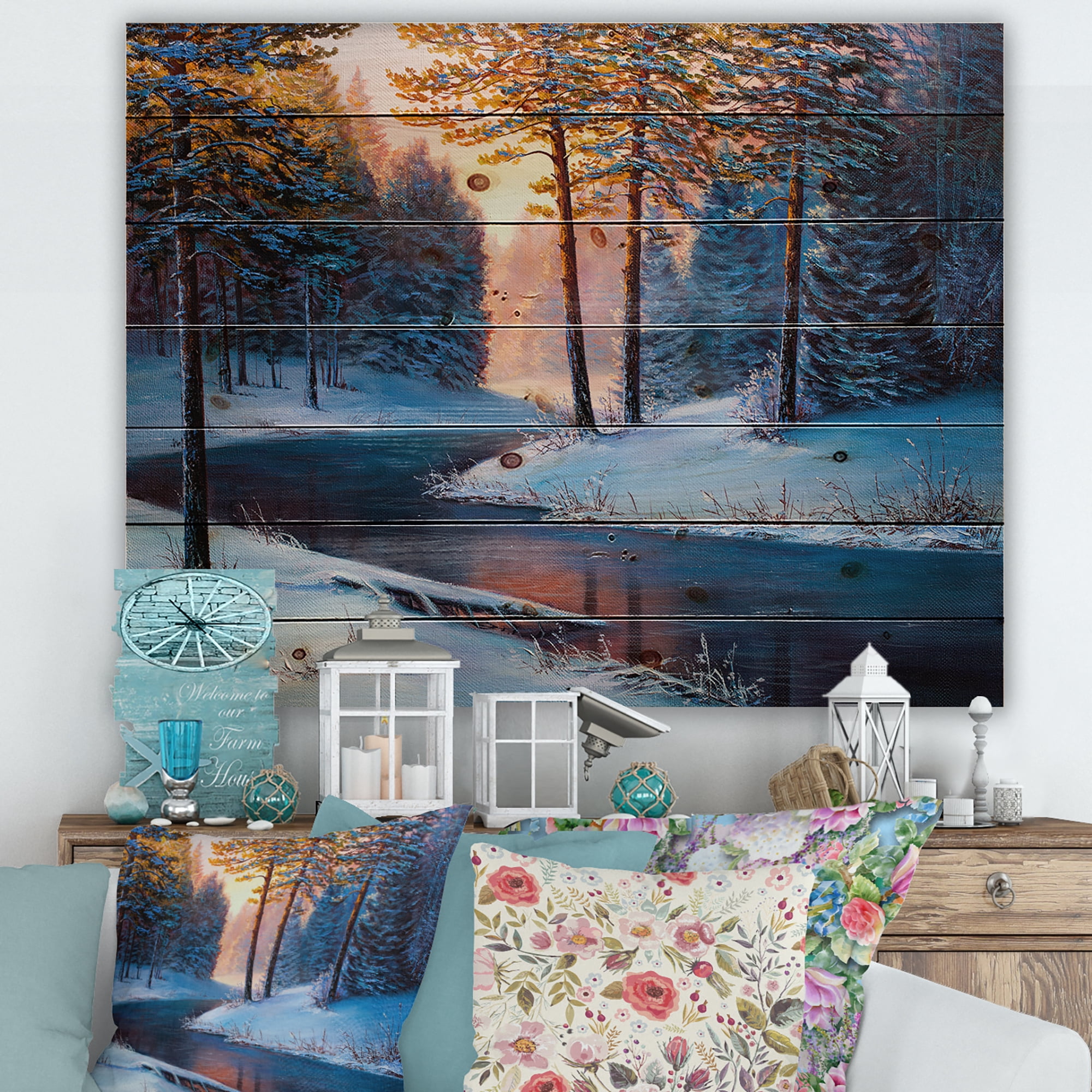 Designart 'Morning Glow Through The Christmas Forest By The River' Lake House Print on Natural Pine Wood