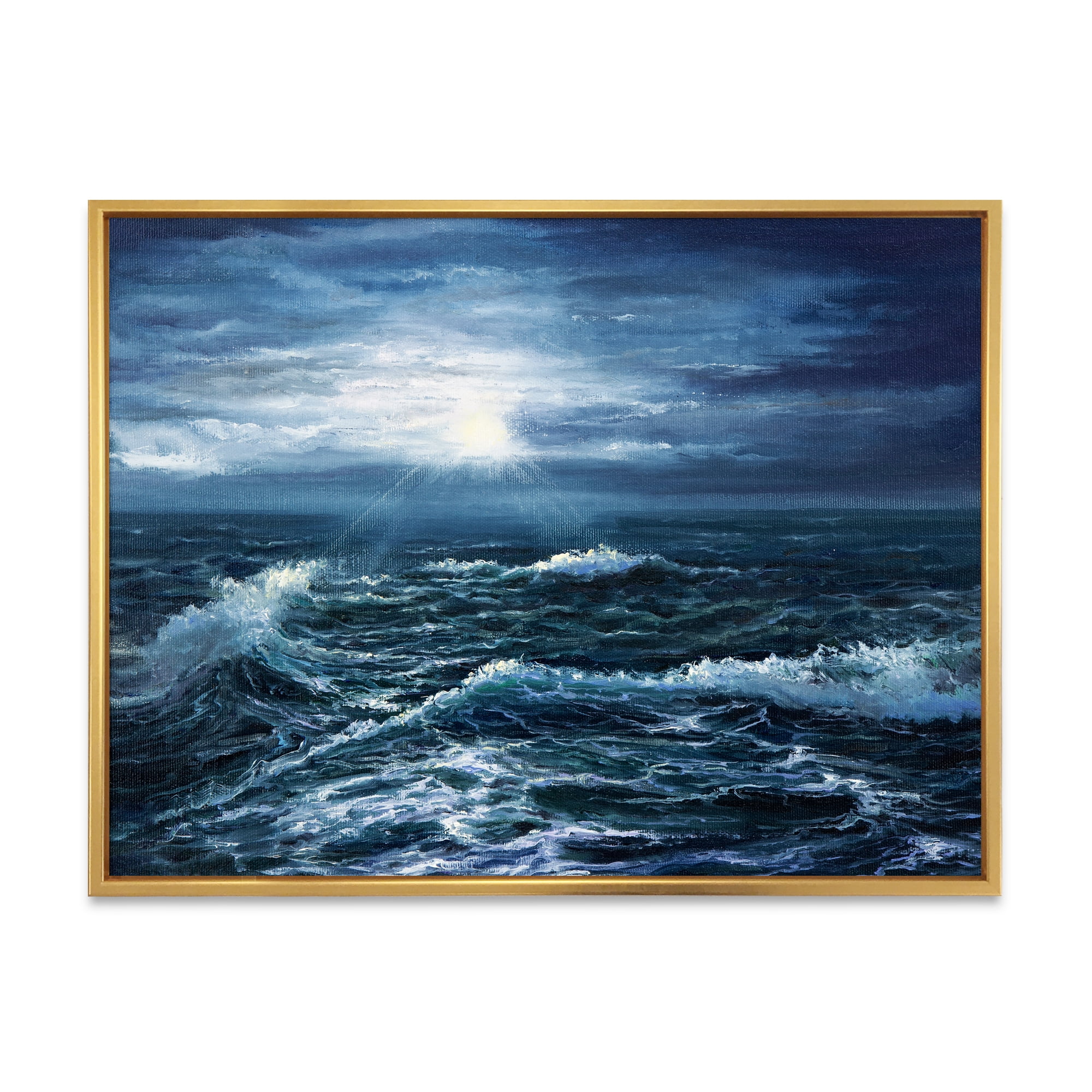 Designart 'Morning Glow Through The Ocean Waves' Nautical & Coastal Framed Canvas Wall Art Print