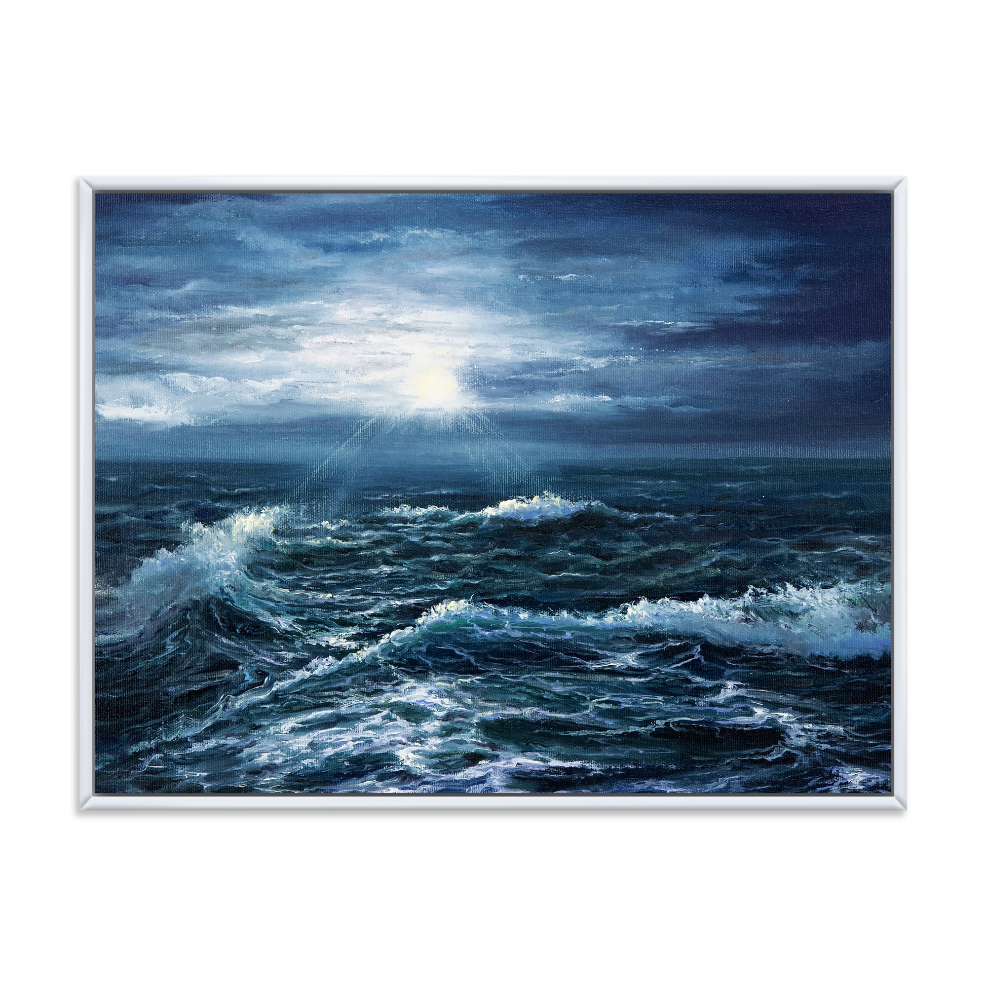 Designart 'Morning Glow Through The Ocean Waves' Nautical & Coastal Framed Canvas Wall Art Print