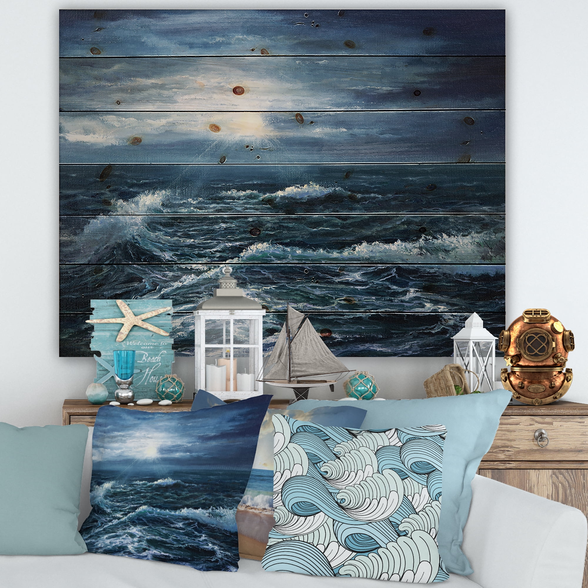 Designart 'Morning Glow Through The Ocean Waves' Nautical & Coastal Print on Natural Pine Wood