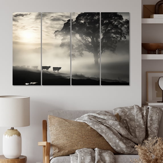 Designart "Morning Grazing Cattle Misty painting II" Animals Metal Art Print Set