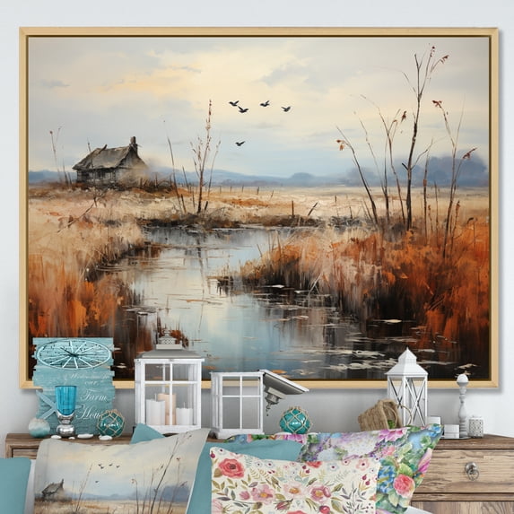 Designart "Morning Marshes Denmark Misty painting" Landscapes Floater Framed Canvas Print