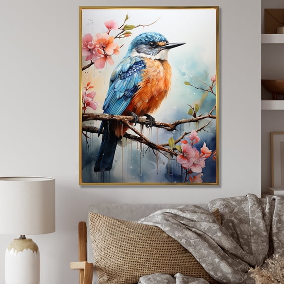 Designart "Morning Melody Blooms with Hummingbird I" Animals Framed Wall Art - Traditional Blue Hummingbird Living Room Framed Canvas Art