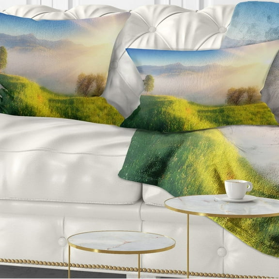 Designart Morning Mist over Mountain Village - Landscape Printed Throw Pillow - 12x20