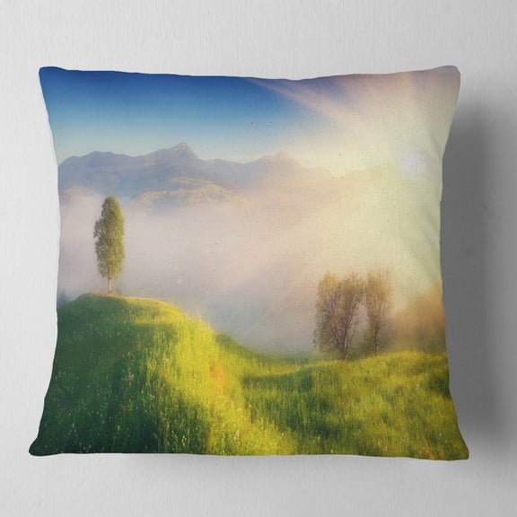 Designart Morning Mist over Mountain Village - Landscape Printed Throw Pillow - 16x16
