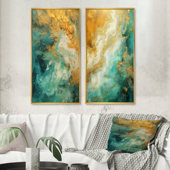 Designart "Morning Serenity Gold and Teal Marble I" Abstract Painting Framed Wall Art Set Of 2 - Modern Gold Framed Canvas Set For Living Room Decor