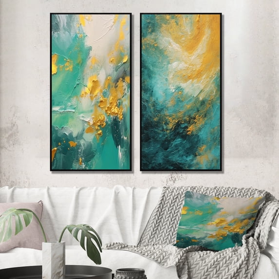 Designart "Morning Serenity Gold and Teal Marble III" Abstract Painting Framed Wall Art Set Of 2 - Modern Gold Frame Gallery Set For Office Decor