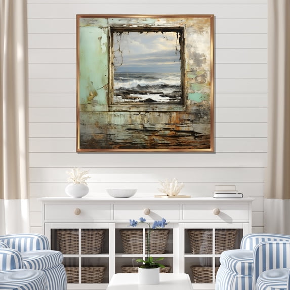 Designart "Morning View from Mexico Beach Windows" Coastal Framed Wall Art - Green Coastal Windows Living Room Framed Canvas Art