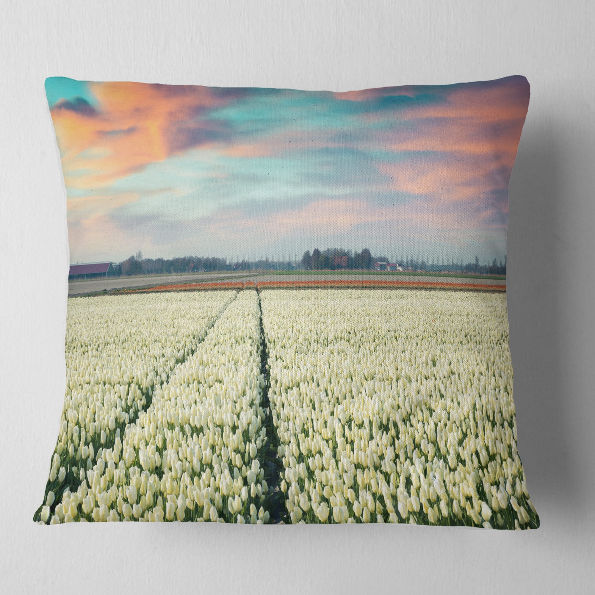Designart Morning in Tulip Farm Near Espel Village - Landscape Printed Throw Pillow - 18x18