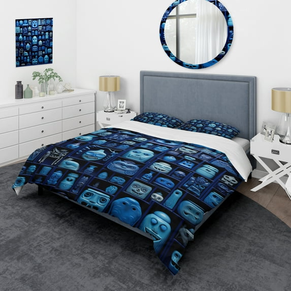 Designart "Moroccan Tiles with Blue Masks" Abstract Tile Bedding Covert Set - Abstract Blue Modern Bed Set With 2 Shams