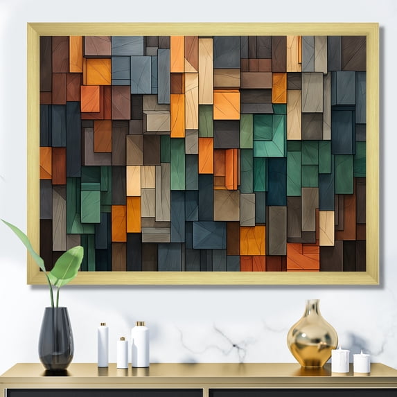 Designart "Mosaic Cubes Rain in Green and Yellow" Abstract Framed Wall Art Decor - Modern Green Abstract Tile Entryway Framed Wall Art