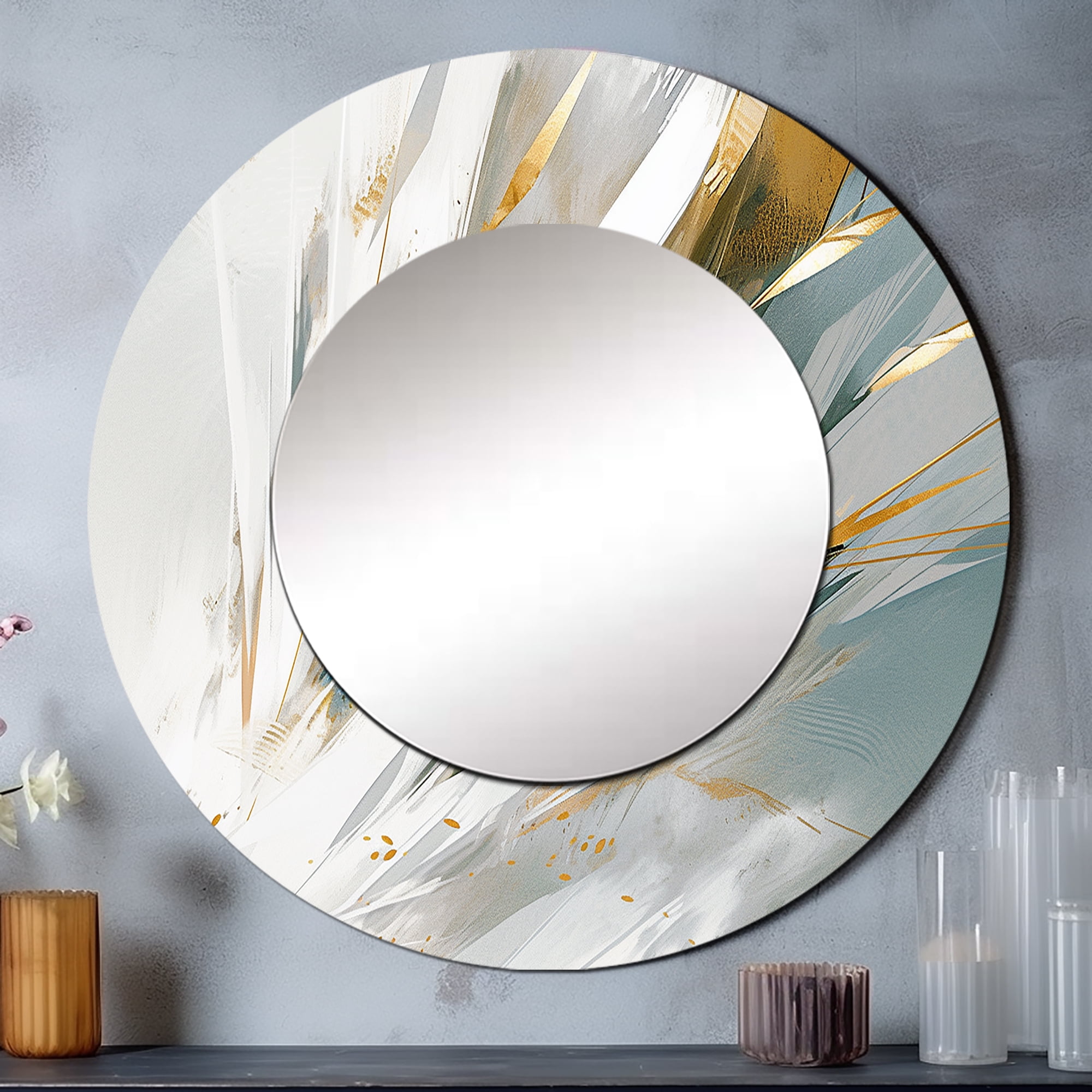 Designart "Mosaic Echoes Gold Cream Abstraction" Cubism Rund Mirror For ...