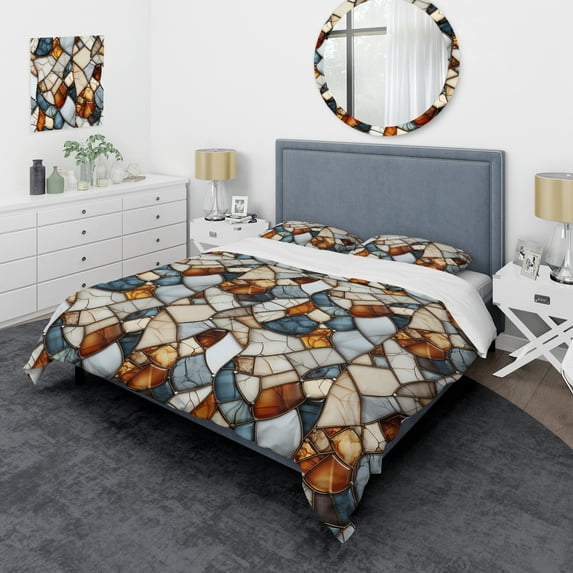 Designart "Mosaic Elegance In Earth Tones" Green Marble Bedding Covert Set - Glam Bed Set With 2 Shams