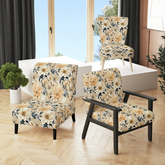 Designart "Mosaic Floral Peaceful Elegance II" Beige Floral Upholstered Accent Chair - Cottage Arm Chair For Living Room