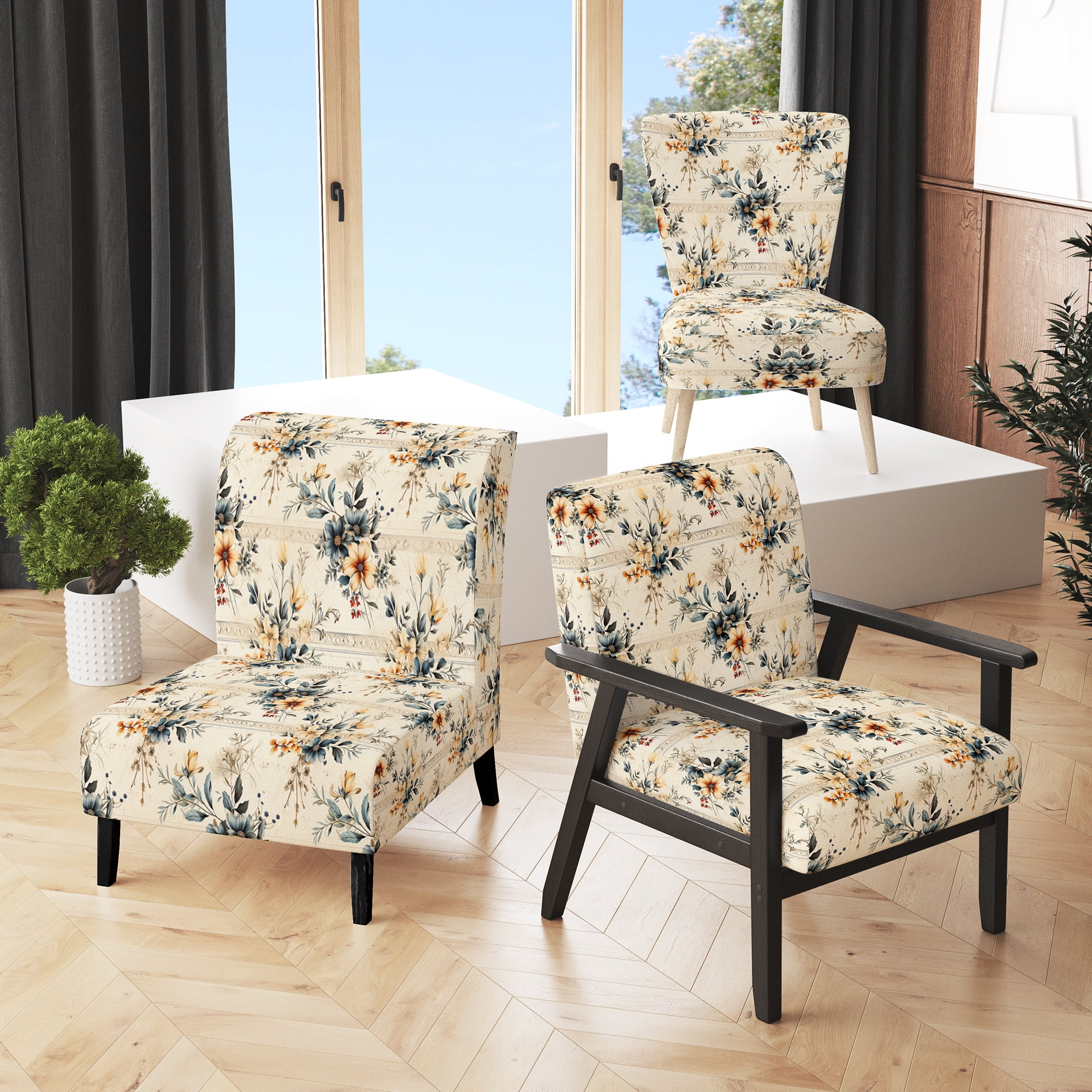 Designart "Mosaic Floral Vintage III" Beige Boho Upholstered Accent Chair - Bohemian & Eclectic ...