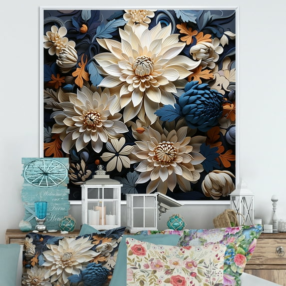 Designart "Mosaic Harmony: White And Blue Chrysanthemum Mix II" Chrysanthemums Floater Framed Wall Decor