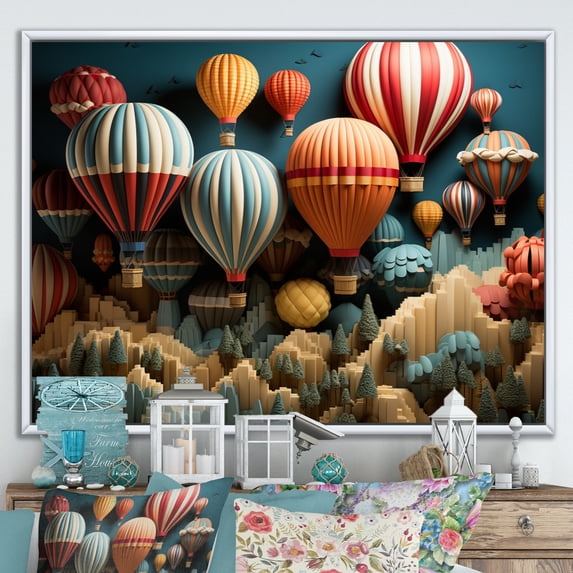 Designart "Mosaic Magic The Red Hot Air Balloon I" Hot Air Balloon Floater Framed Canvas Print