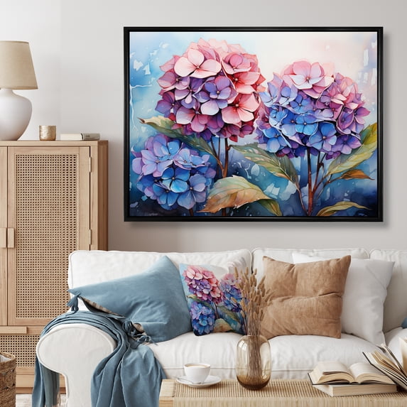 Designart "Mosaic Meadows Pink Blue Hydrangea" Floral Floater Framed Wall Art Print