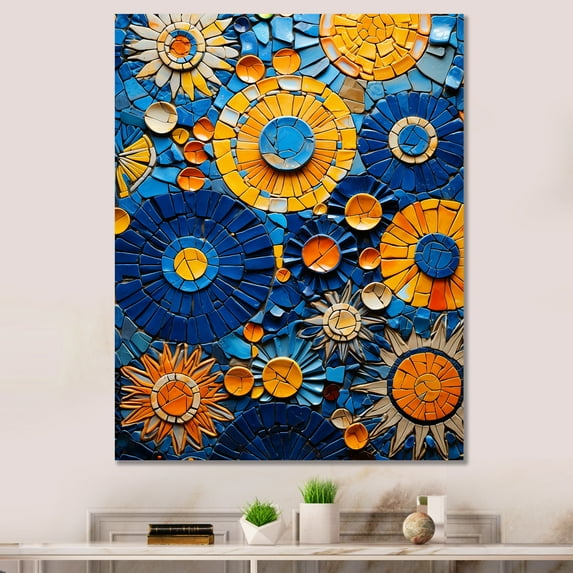 Designart "Mosaic Tiles in Yellow and Blue II" Geometric Canvas Wall Art - Bohemian Blue Boho Mosaic Entryway Wall Art Print
