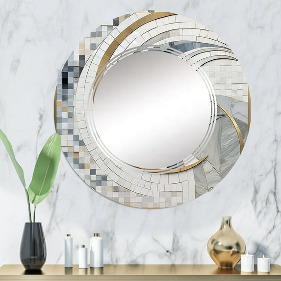Designart "Mosaic in Grey and Yellow II" Abstract Shapes Round Wall Mirror - Modern Oval Printed Decorative Oversized Mirror - Multiple Color Options