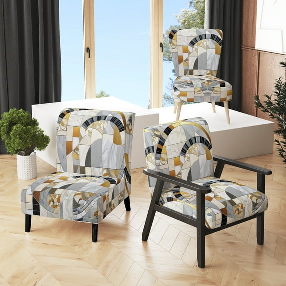 Designart "Mosaic in Grey and Yellow IV" Grey Transcendent Upholstered Accent Chair - Modern Arm Chair For Bedroom