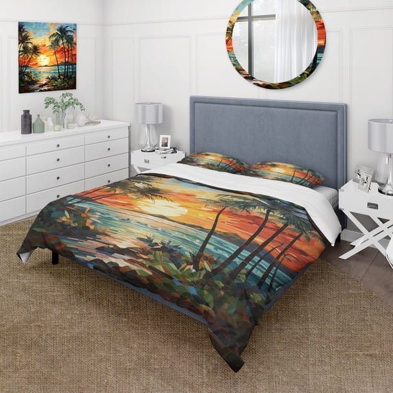 Designart "Mosaic of Orange Palms A Unique Perspective III" Floral Bedding Covert Set - Palms & Palm Trees Orange Traditional Bed Set With 2 Shams