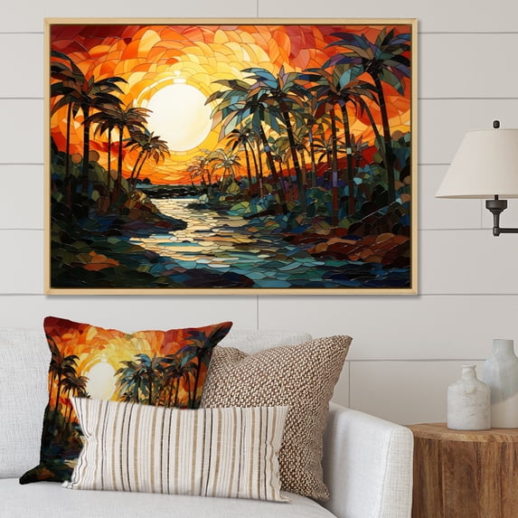 Designart "Mosaic of Orange Palms A Unique Perspective VI" Beach Floater Framed Wall Decor