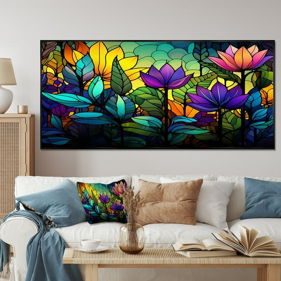 Designart "Mosaic of Palms Colorful Tropical Jungle" Oversized Landscapes Framed Wall Art - Tropical Purple Jungle Bedroom Framed Canvas Wall Art