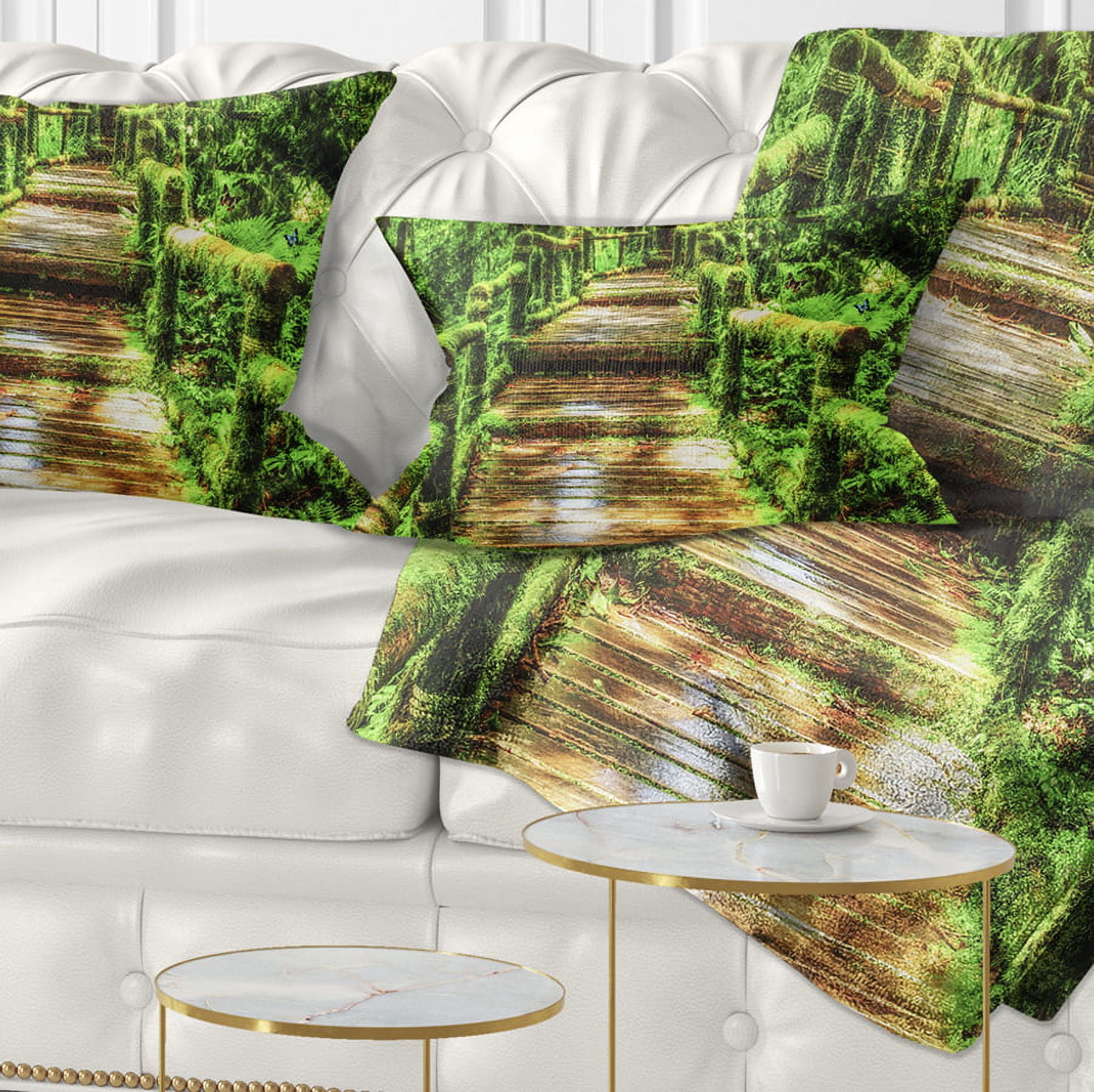 Designart Moss around Wooden Walkway in Rain - Photography Throw Pillow - 12x20