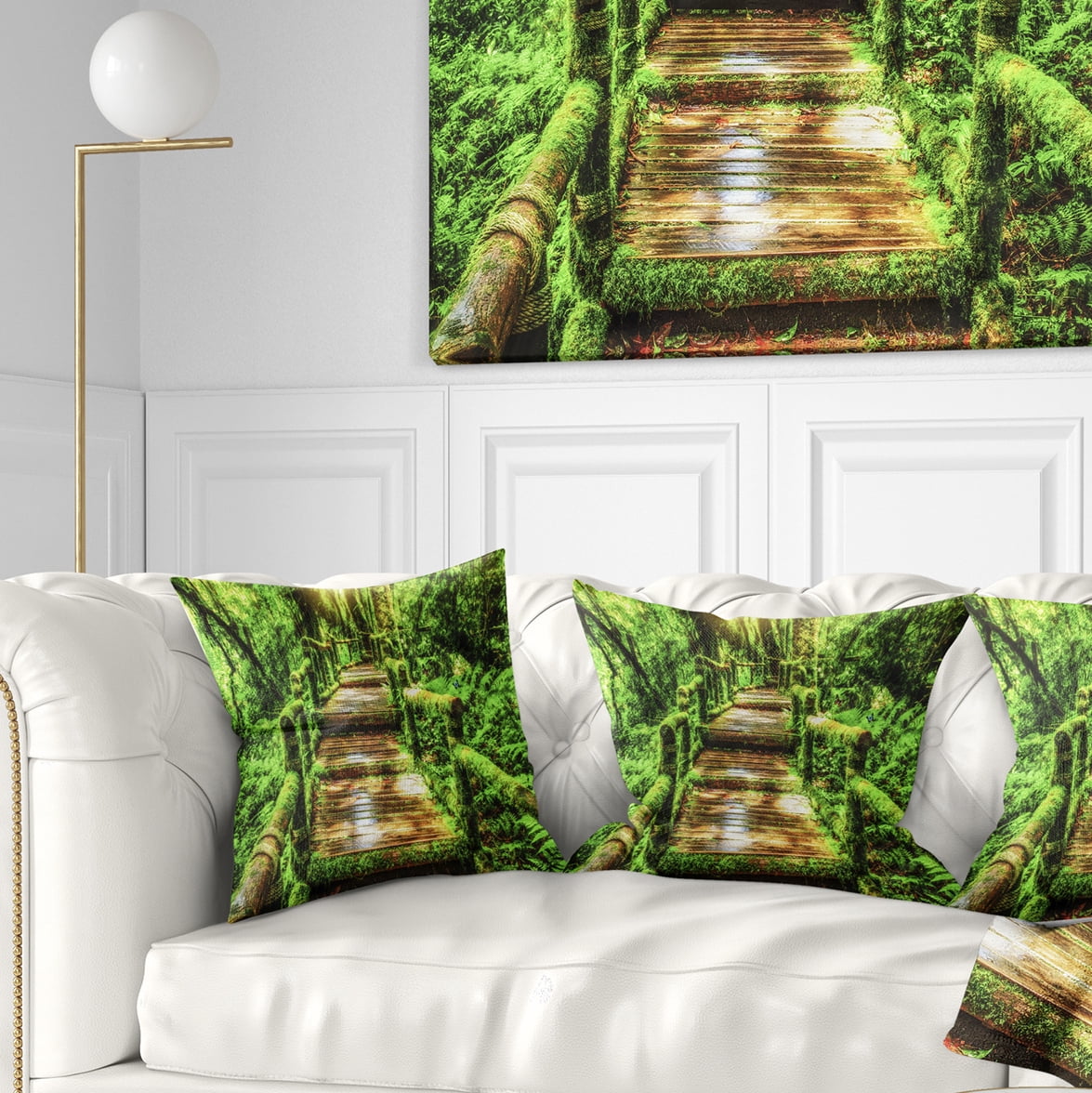 Designart Moss around Wooden Walkway in Rain - Photography Throw Pillow - 18x18