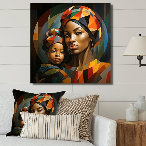 Designart "Mother and Child Bond in Orange African Scene I" People Wall Art - Global Orange African Art Living Room Canvas Art