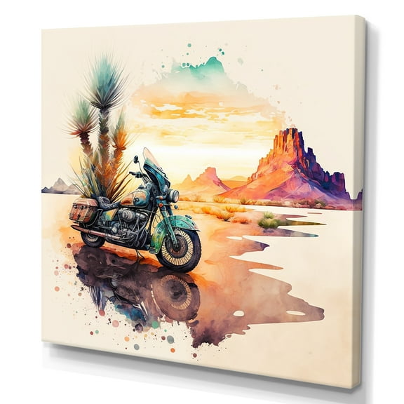 Designart Motorcycle Parked In The Desert III Canvas Wall Art