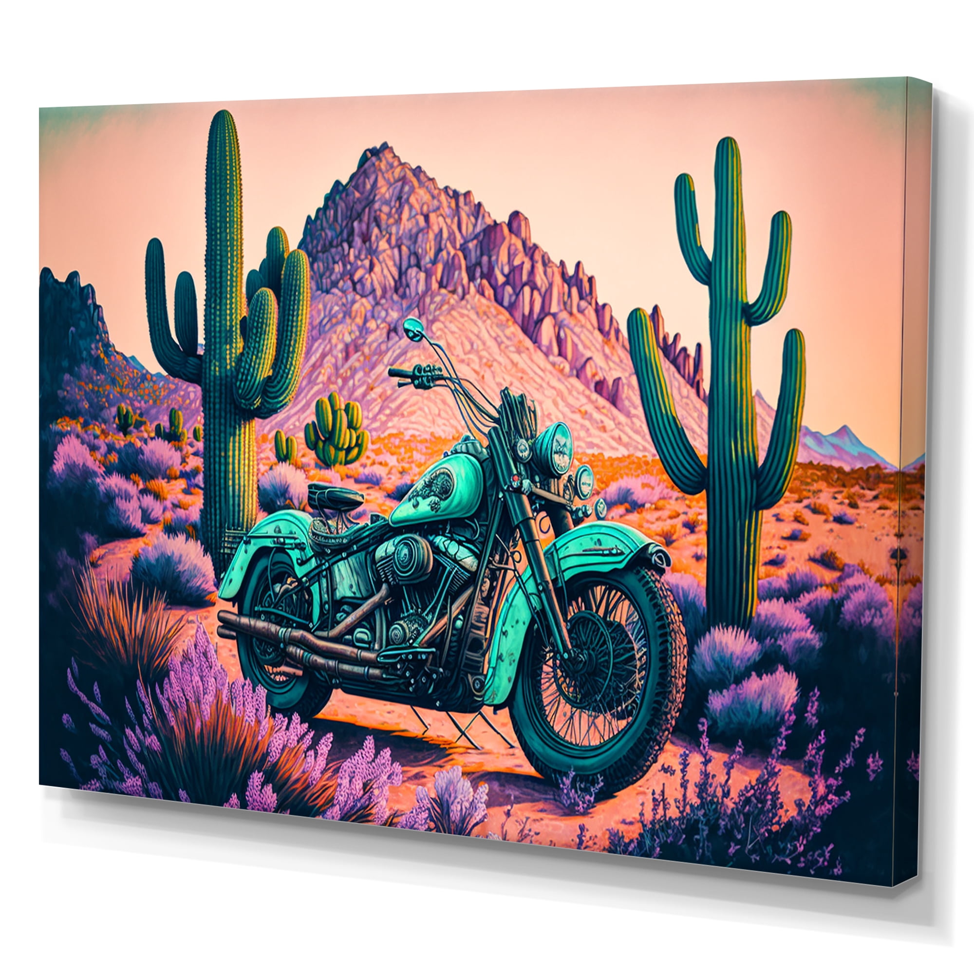 Designart Motorcycle Parked In The Desert V Canvas Wall Art