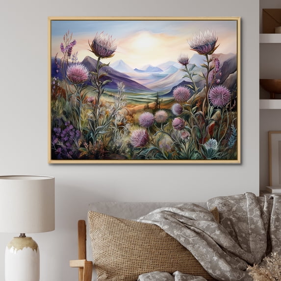 Designart "Mountain Charm Of Purple Thistle Fields" Thistle Floater Framed Canvas Art Print