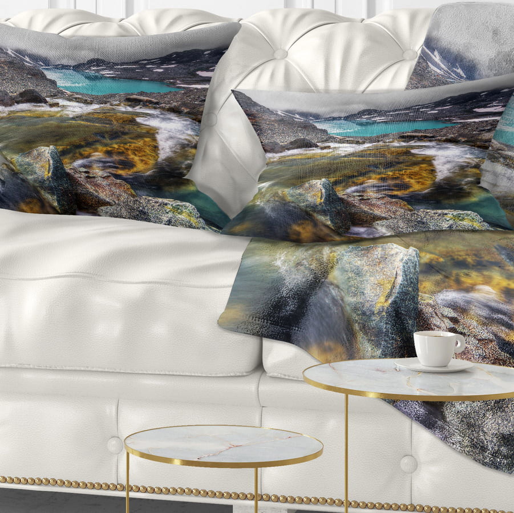 Designart Mountain Creek Flowing into Lake - Landscape Printed Throw Pillow - 12x20