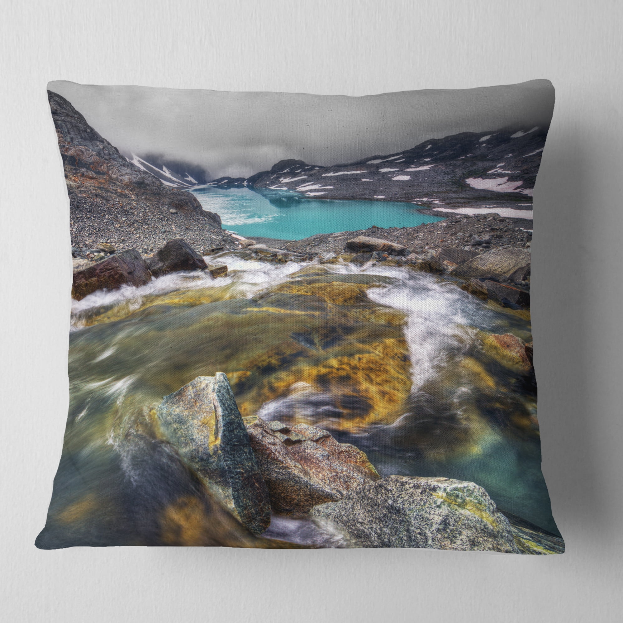 Designart Mountain Creek Flowing into Lake - Landscape Printed Throw Pillow - 16x16