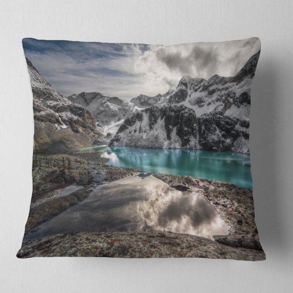 Designart Mountain Creek under Cloudy Sky - Landscape Printed Throw Pillow - 16x16