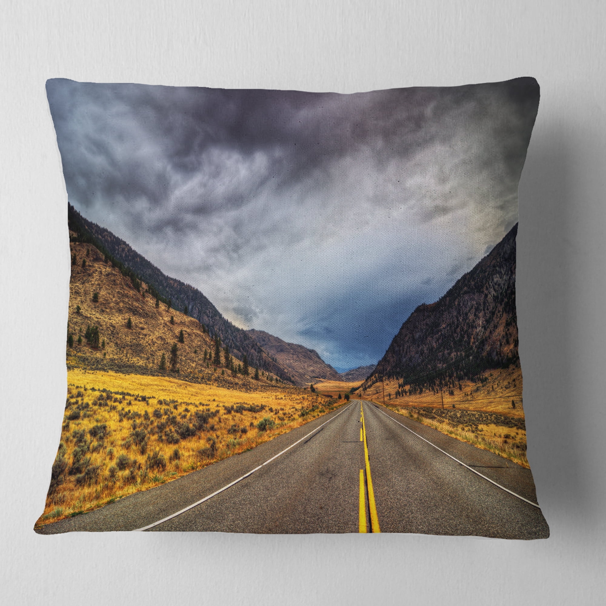 Designart Mountain Desert Highway British Columbia - Landscape Printed Throw Pillow - 18x18
