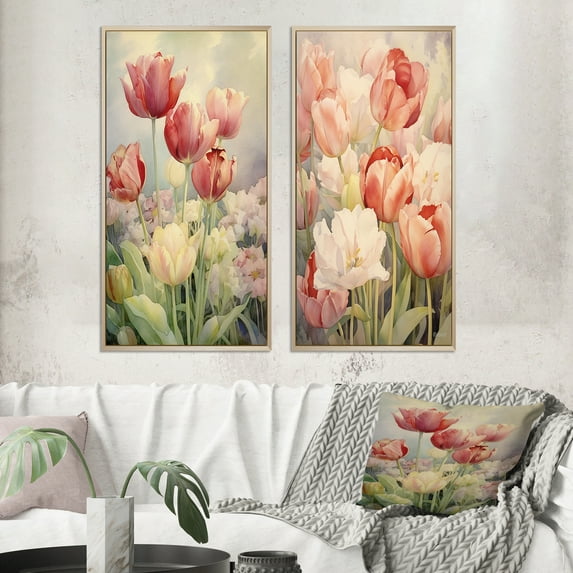 Designart "Mountain Flowerfield Retro Tulips in Bloom II" Wildflowers Framed Wall Art Set Of 2 - Traditional Pink Gallery Wall Frame Set For Home Decor